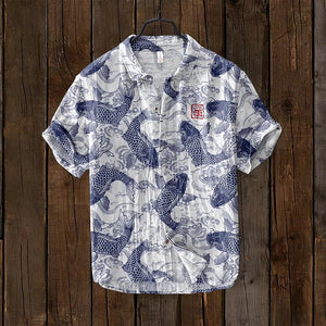 Osamu - camisa de mezcla de lino de arte japonés de pescado vintage