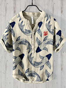 Osamu - camisa de mezcla de lino de arte japonés de pescado vintage