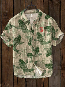 Osamu - camisa de mezcla de lino de arte japonés de pescado vintage