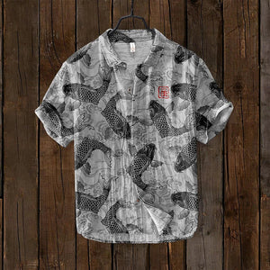 Osamu - camisa de mezcla de lino de arte japonés de pescado vintage